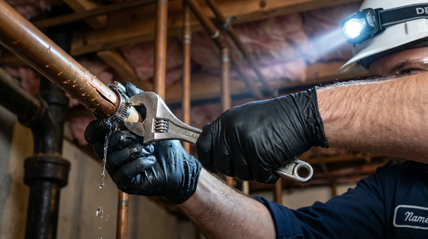 Emergency pipe clamp repair being performed by a Johns Plumbing LLC plumber in Melbourne
