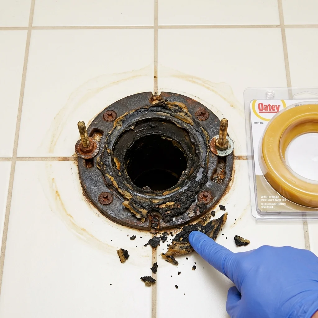 Failed wax ring showing water seepage at the base of a toilet in a Melbourne, FL home