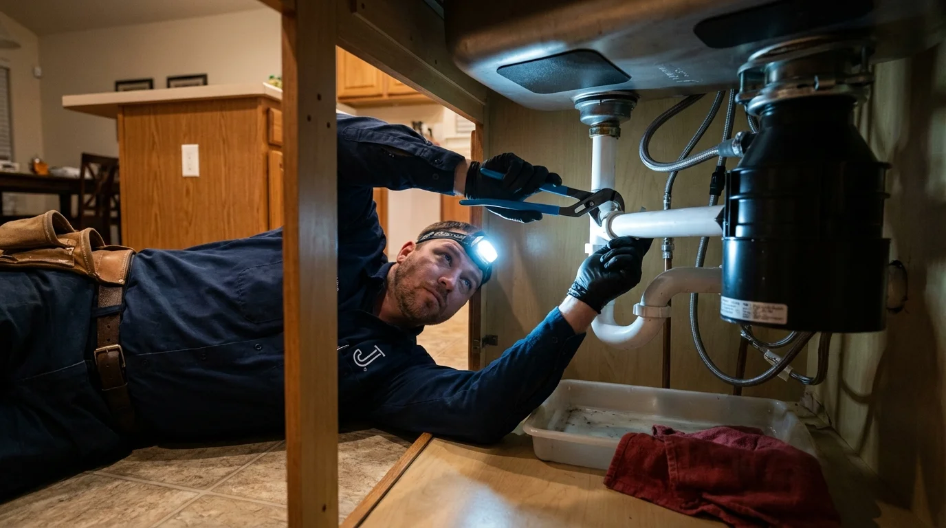 P-trap and supply line connections under a kitchen sink showing a common leak point in Melbourne, FL